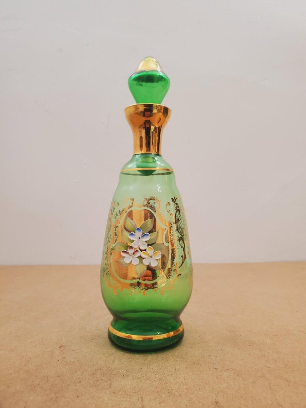 Antique Liqueur Adorned with 24-Karat Gold - Elegant Green Floral Motif, Novy